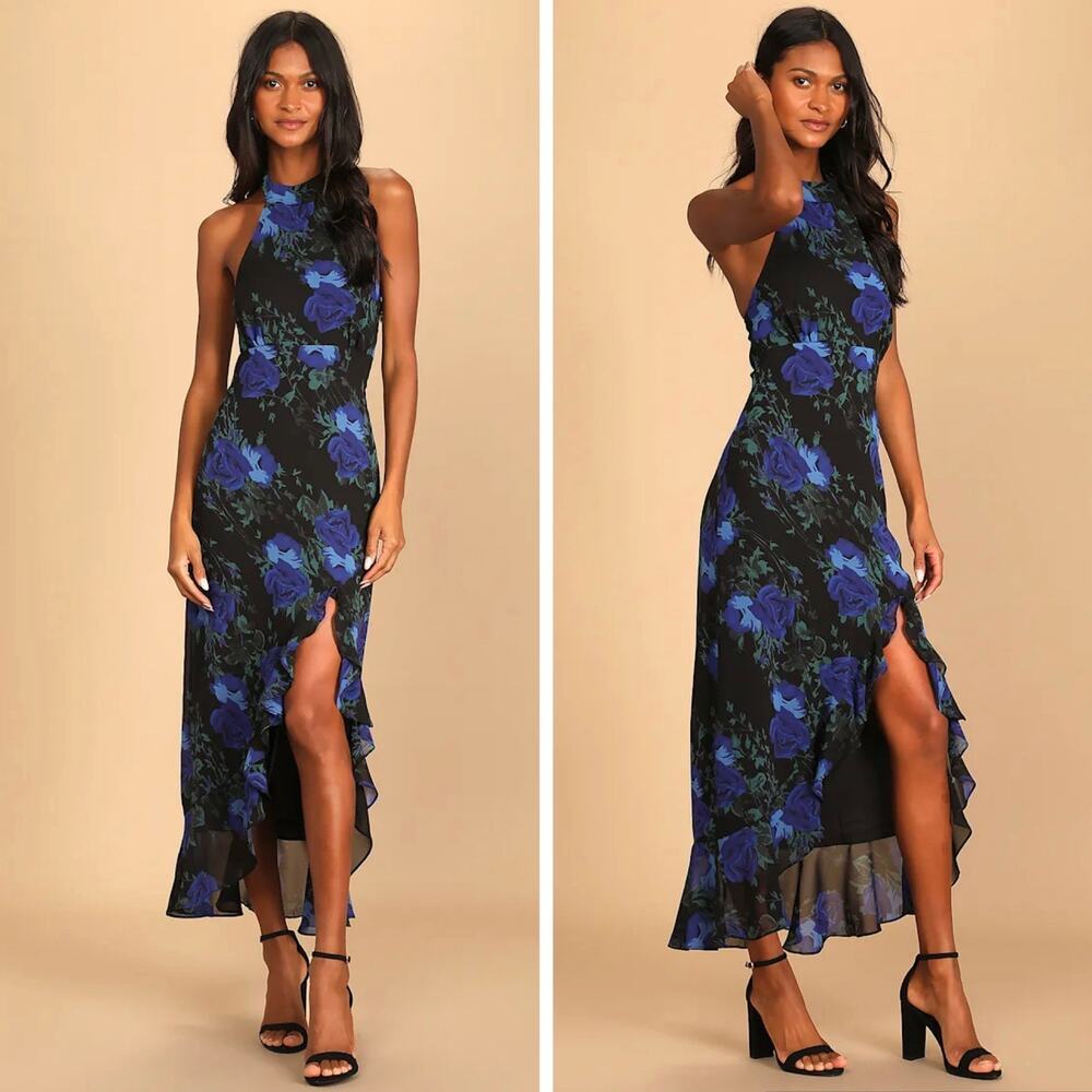 Lulus Floral Print Halter Neck Maxi Dress With Slit